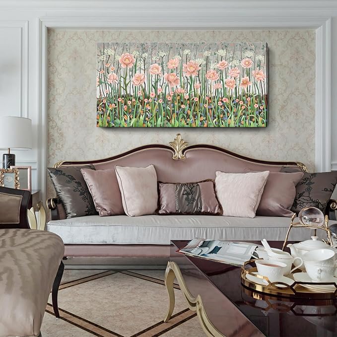 amatop Botanical Wildflower Wall Art, Large Rustic-Inspired Pink and Green Forest Canvas Print – Nature Flower Picture for Living Room, Bedroom & Cabin Home Decor (48x24in)
