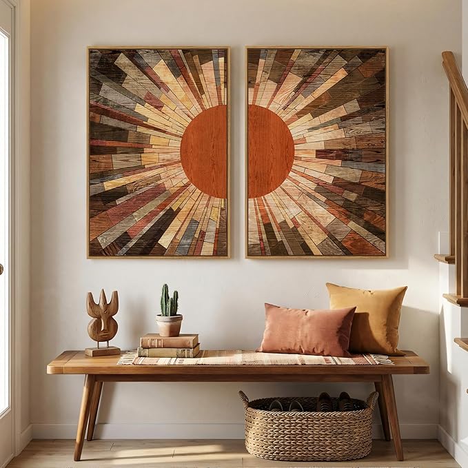 Framed Boho Mid Century Sun Wall Art for Living Room, Set of 2 Abstract Farmhouse Sunrise Canvas Artwork for Walls, Vintage Earth Tone Painting Print Wall Art Decor for Bedroom Home Office, 24x36 Inch