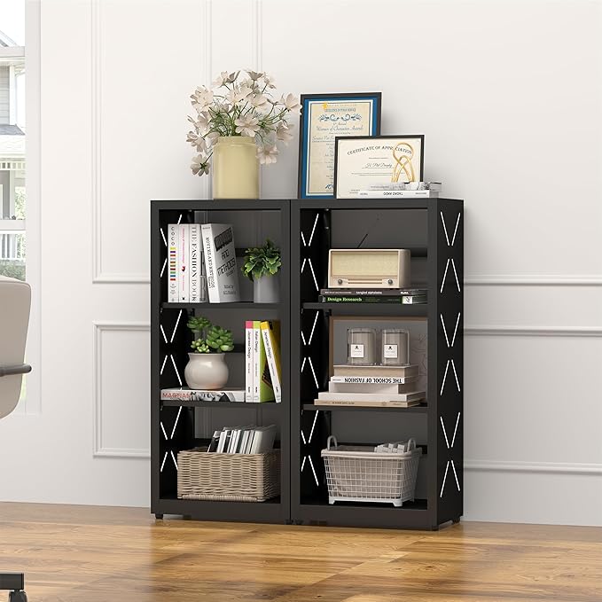 3 Tier Bookshelf, 34"Tall Metal Bookcase with Adjustable Shelves, Modern Display Book Shelf, Black Bookcase Shelf, Utility Shelf, Storage Shelves for Office, Living Room, Kitchen, Study-16"W