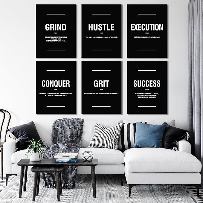 COSCTOR Set of 6 Motivational Wall Art Picture Decor Grind Hustle Execution Grit Conquer Success Canvas Framed for Office Bedroom Inspirational Workplace Posters Black and White Paintings Ready to Hang(Framed,16x24)