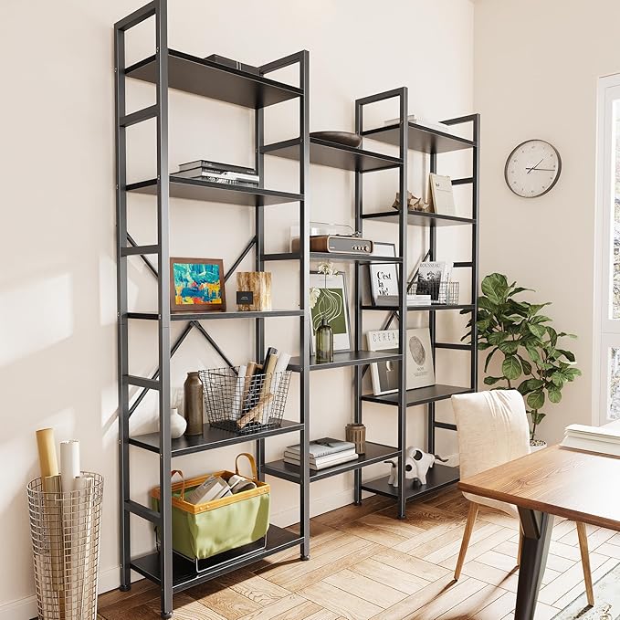 SUPERJARE Triple Bookshelf, Bookcase with 14 Open Display Shelves, Wide Book Shelf Book Case for Home & Office, 5 Tier, Black