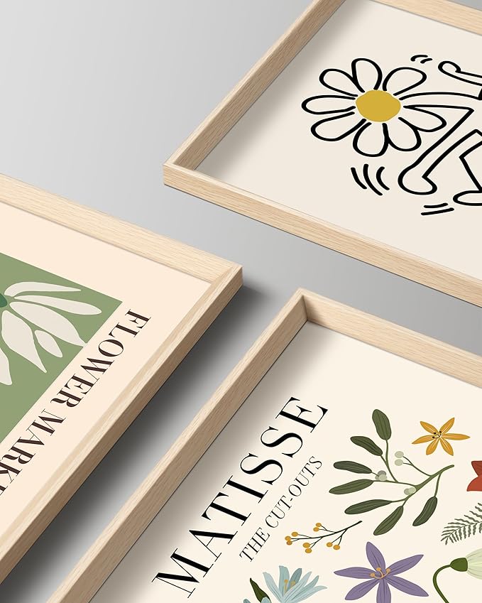 Framed Matisse Canvas Wall Art for Bedroom,Abstract Matisse Canvas Wall Decor,Minimalist Classic Decor Aesthetic,16x12IN Wood High Framed Design Posters for Living Room,Bathroom Set of 3