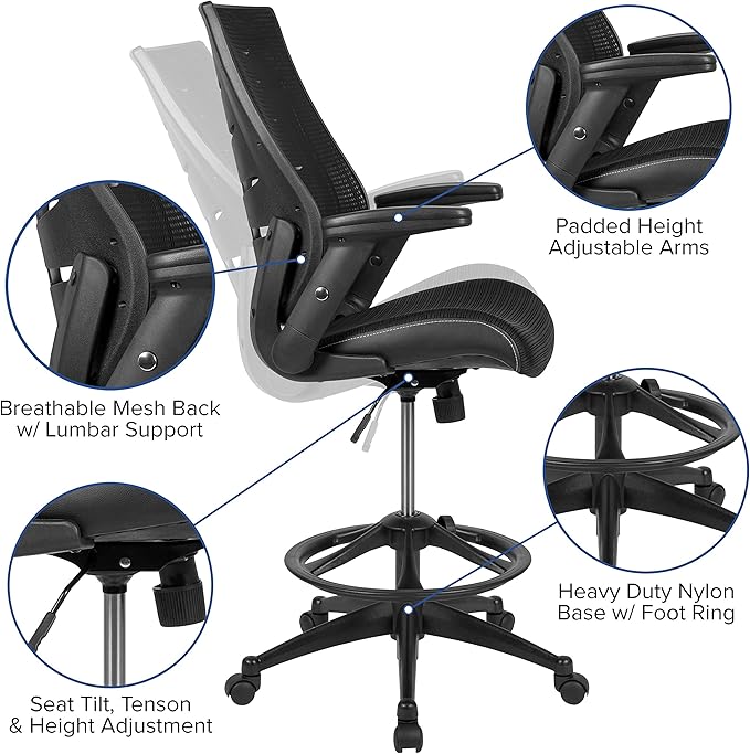 Flash Furniture Kale High-Back Ergonomic Mesh Office Chair with Flip-Up Arms and Adjustable Foot Ring, Spine-Back Tall Executive Swivel Chair, Black