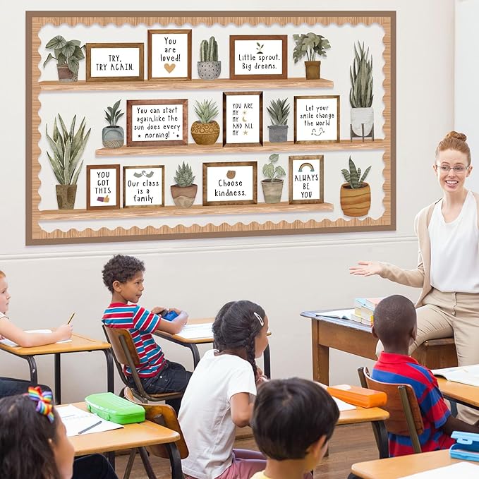 Pajean Bookshelf Bulletin Board Retro Boho Plant Positive Classroom Decoration Greenery Potted Cutouts for Back to School First Day Window Door Wall Elementary Preschool Teacher Supplies