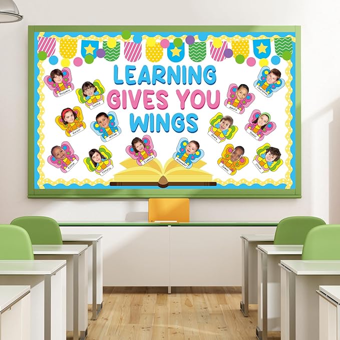Learning Gives You Wings Bulletin Board Decorations Set Classroom Summer Butterfly Name Tags DIY Photo Cutouts Back to School Positive VBS Bulletin Board Decor for Teacher Nursery Chalkboard Wall