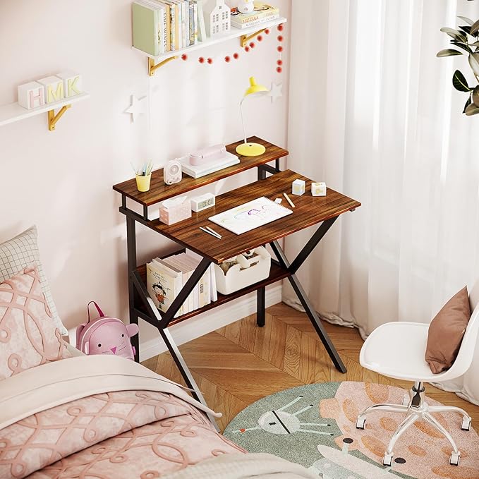 ODK Small Desk, 27.5 Inch Computer Desk for Small Spaces, Kids Desk with Storage, Study Table with Monitor Stand for Homeschool, Deep Brown