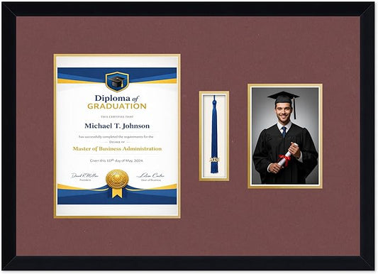 Diploma Tassel and Photo Frame Matte Black Shadowbox Dark Red Over Gold Mat - Fits 8.5 x 11 Degree Picture Made in the USA