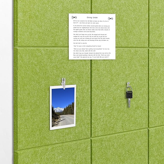 Felt Wall Tiles Bulletin Board Large Cork Board Alternative 12 Pack 11.81”x11.81”x0.47” Felt Pin Board Tack Board with Safe Removable Adhesive Tabs for Home Office School 48x36(Grass Green)