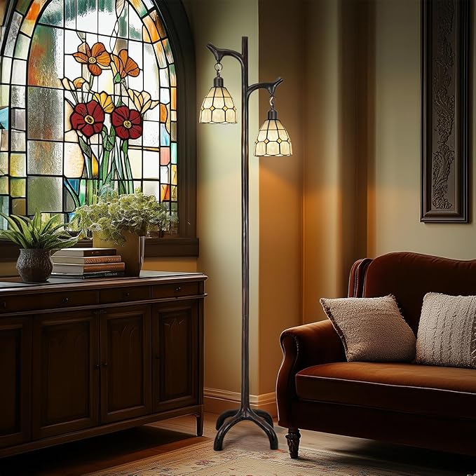 68" Tiffany Style Stained Glass Floor Lamp for Living Room,Modern Industrial Vintage Standing Floor Lamp for Bedroom,Stepless Dimmable Rustic Tree Trunk Tall Lamp for Study Room (Bulb Included)