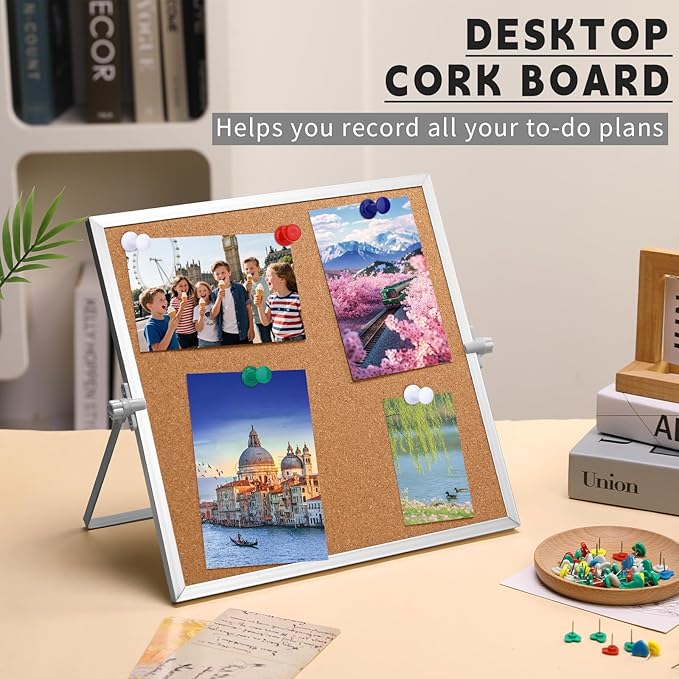 11.81"×11.81" Cork Board Bulletin Board, Double Sided Pin Board with Silver Aluminum Border, Desktop Small Cork Board with Stand Suitable for Home, Office, Desk Message Board or Picture Board