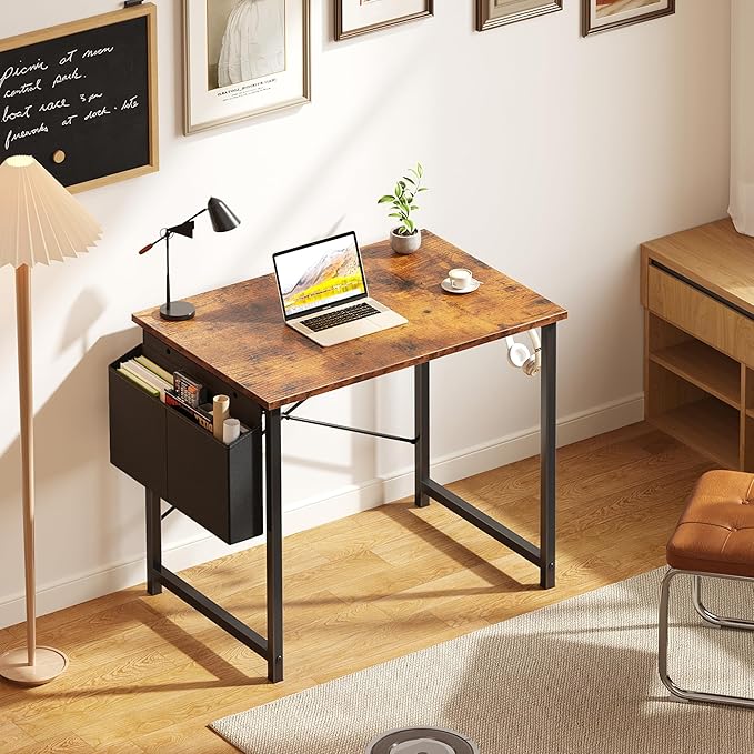 OLIXIS Computer Desk 31 Inch Home Office Desks for Small Spaces, Gaming Writing Study Work Table with Storage Bag and Headphone Hook for Bedroom, Rustic Brown