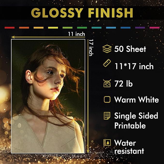 A-SUB Premium Photo Paper High Glossy 11x17 Inch 72lb for Inkjet Printers 50 Sheets, Single Sided