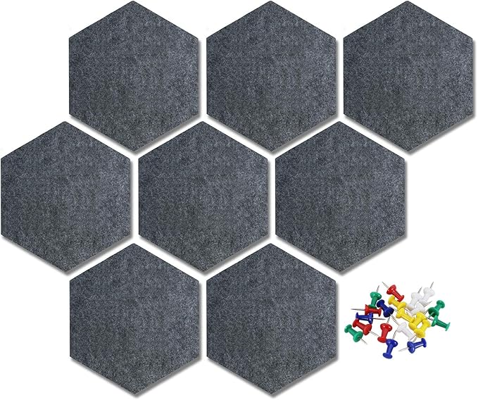 Felt Hexagon Bulletin Board with 20 Push Pins, Pack of 8 Notice Boards for Home Office Kitchen, Push Pin Board Felt Wall Tiles for Photos Memos