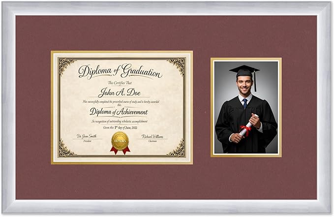 Diploma Frame With Photo Opening Stainless Silver Dark Red Over Gold Mat - Fits 10 x 8 Degree and Picture Made in the USA