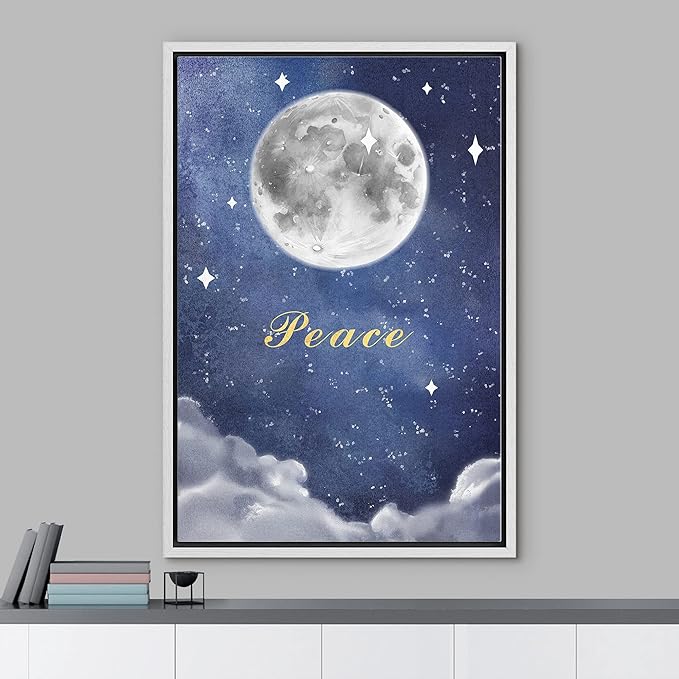 IDEA4WALL Framed Canvas Print Wall Art Peace Watercolor Galaxy with Silver Moon Astronomy & Space Sky Illustrations Modern Art Glam Colorful Ultra for Living Room, Bedroom, Office - 16"x24" WHITE