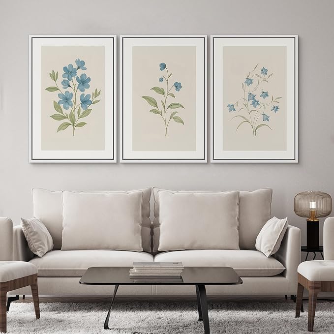 SIGNWIN Framed Canvas Print Wall Art Set Blue Floral Botanical Vintage Wildflower Illustrations Modern Art Decorative Nordic Abstract for Living Room, Bedroom, Office - 16"x24"x3 White