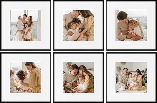 eletecpro Aluminum Gallery Wall Frame Set of 6, 12 x 12 Metal Photo Frames Display 8x8 Photo with Mat or 12x12 without Mat, Picture Frame Collage Wall Decor, Black
