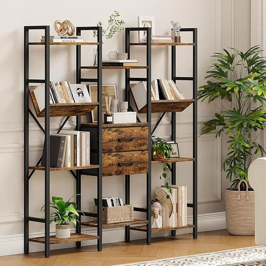 3-Column Bookcase, 55.1" Bookshelf with 2 Non-Woven Fabric Drawers and V-Shaped Shelves, Display Storage Shelf for Living Room, Office, Study, Rustic Brown and Black TSJ03BF