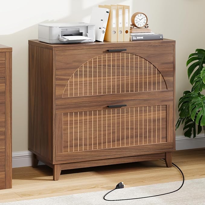 Lateral File Cabinet 2 Drawer File Cabinet with Charging Station for Legal/Letter/A4 Size Hanging Files, Large Modern Fluted File Storage Cabinets Printer Stand for Home Office, Walnut