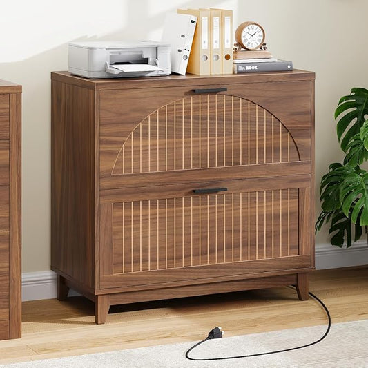 Lateral File Cabinet 2 Drawer File Cabinet with Charging Station for Legal/Letter/A4 Size Hanging Files, Large Modern Fluted File Storage Cabinets Printer Stand for Home Office, Walnut