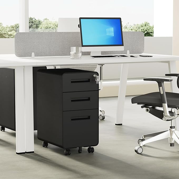3 Drawers Slim File Cabinet, Mobile Filing Cabinet with Lock, Steel, Fully Assembled Except Casters, for Home Office, for A4, Letter, Legal File Folders, Black