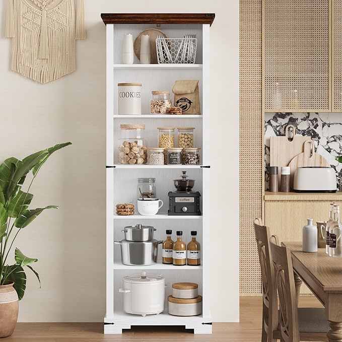 6-Tier Farmhouse Bookshelf, 73 inch Tall Book Shelf with Unique Design & 2 Adjustable Shelves, Wooden Bookshelf for Study Room, Living Room, Kitchen, Bedroom (White)