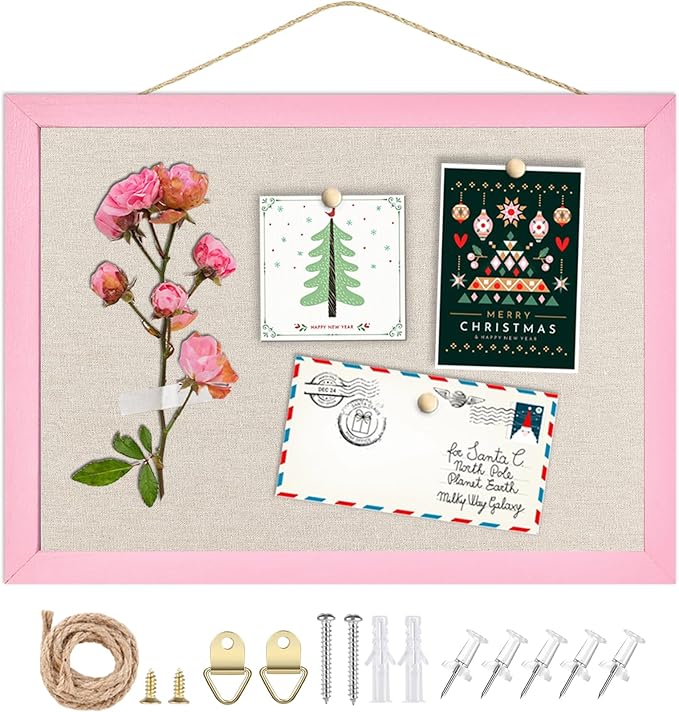 Linen Bulletin Board,10.2"x14.2" Pink Wood Frame Bulletin Boards,Beige Linen,Small Pin Board for Home Kitchen Office Decorative(PK-2636)