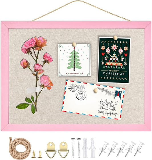 Linen Bulletin Board,10.2"x14.2" Pink Wood Frame Bulletin Boards,Beige Linen,Small Pin Board for Home Kitchen Office Decorative(PK-2636)