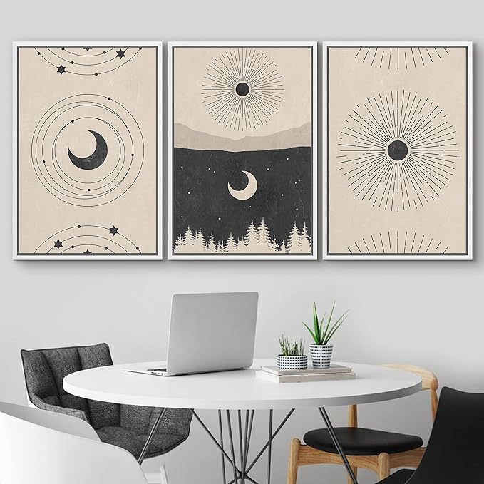 IDEA4WALL Framed Canvas Print Wall Art Set Crescent Moon Shining Sun Forest Galaxy Astronomy & Space Nature Illustrations Modern Art Rustic for Living Room, Bedroom, Office - 24"x36"x3 White