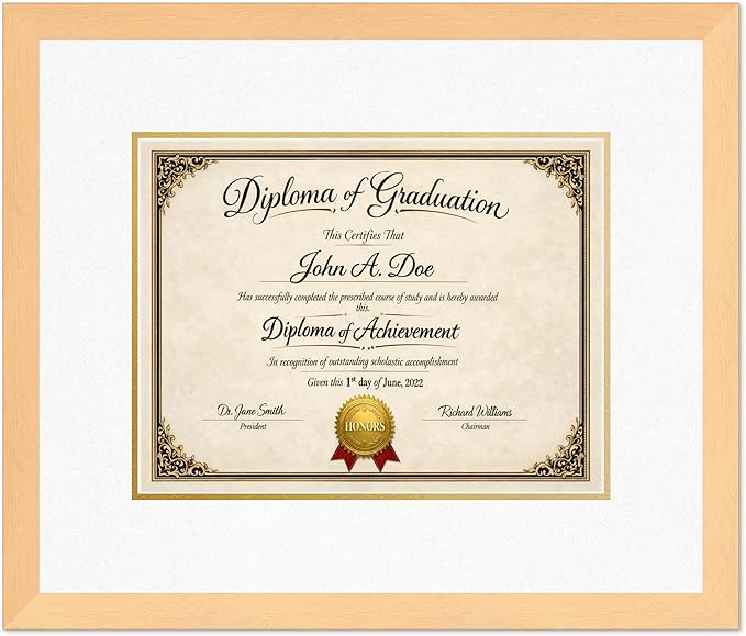 Diploma Frame Natural Wood with Oyster Shell Over Gold Double Mat - Fits 13 x 10 College Diploma (Traditional) Wall Display Made in the USA