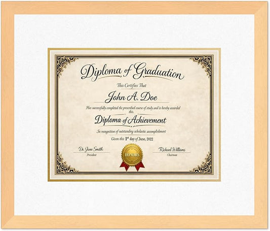 Diploma Frame Natural Wood with Oyster Shell Over Gold Double Mat - Fits 13 x 10 College Diploma (Traditional) Wall Display Made in the USA
