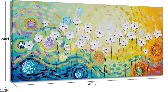 YHSKY ARTS White Flower Oil Paintings with Hand Painted Textured Modern Colorful Canvas Wall Art Contemporary Botanical Pictures Abstract Aesthetic Artwork for Living Room Bedroom Bathroom Decor