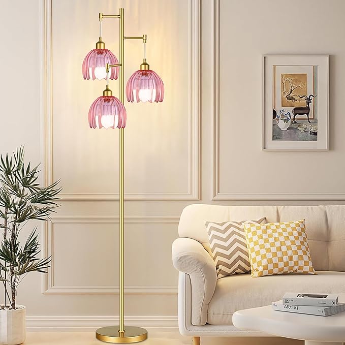 Dimmable Floor Lamps for Living Room-3 Light Gold Vintage Floor Lamp with Glass Lampshape & Three Bulbs,Modern Mid Century Standing Lamp Green Flower Tall Tree Floor Lamp for Bedroom Corner