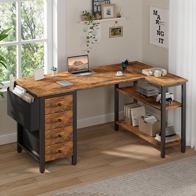 DLisiting L Shaped Computer Desk with Drawers - 47 Inch Corner Office Reversible Desk with Storage Shelves Power Outlet, Home Office Desks L-Shaped with Fabric Drawer for Teen Girls, Rustic Brown