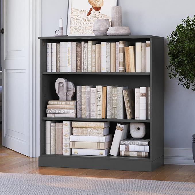 Palace Imports Solid Wood Bookcase - 3-Tier Floor Standing Bookshelf - 36" Short Storage Shelf 32” W - Gray, Display Furniture for Living Room, Renewable 100% Eco-Friendly Wood, Made in Brazil