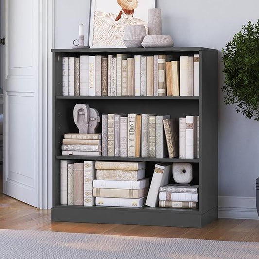 Palace Imports Solid Wood Bookcase - 3-Tier Floor Standing Bookshelf - 36" Short Storage Shelf 32” W - Gray, Display Furniture for Living Room, Renewable 100% Eco-Friendly Wood, Made in Brazil