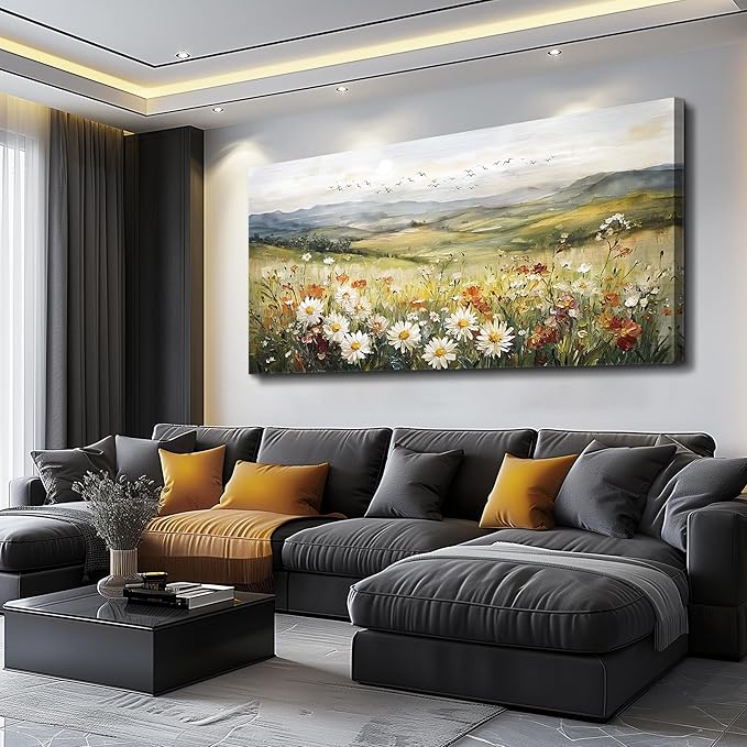 FUHAIHUA Canvas Wall Art For Living Room Large Framed Wall Decor For Office Modern Bedroom Decorations Prairie Flowers Landscape Pictures Farmhouse Paintings Artwork Aesthetic Home Decor 30" x 60"