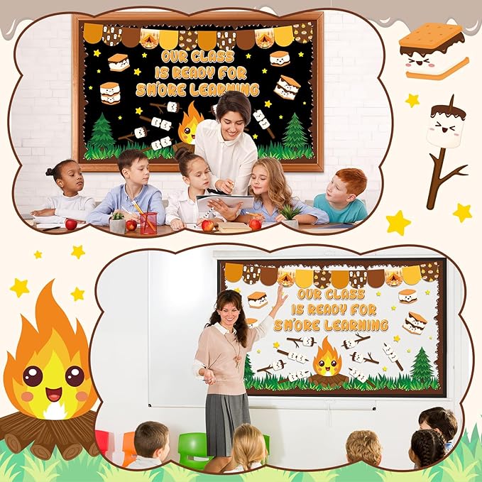 gisgfim Back to School Marshmallow S'More Bulletin Board Decoration Cookies Campfire Marshmallow Cutouts Woodland Camping Bulletin Board Border Set for Classroom School Chalkboard Wall Decor Supplies