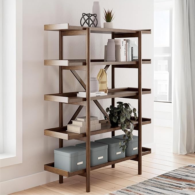 Signature Design by Ashley Lyncott Mid-Century Modern Freestanding 5-Tier 70" Etagere Bookcase, Light Brown