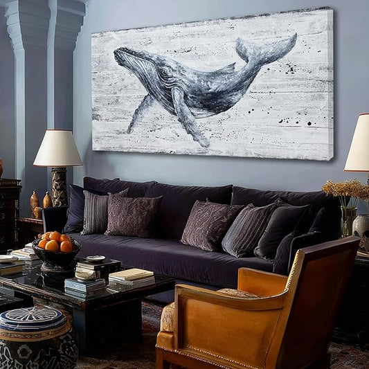 Large Whale Wall Art Monochrome Abstract Sea Life Canvas Posters print Contemporary Coastal Artwork for Living Room Office Bedroom Decor 29x58inch
