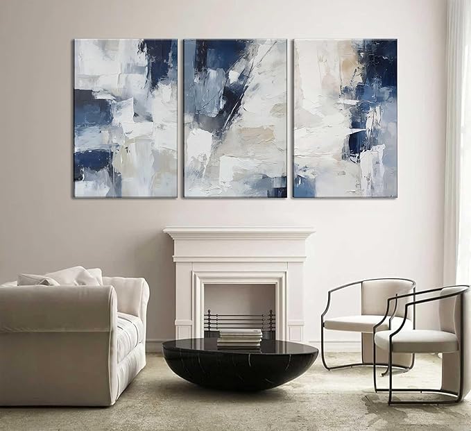 3pcs Navy Blue Abstract Canvas Wall Art Modern Minimalist Neutral Blue White Painting Picture Wall Decor Posters Prints Artworks for Living Room Bedroom Office Home Decoration
