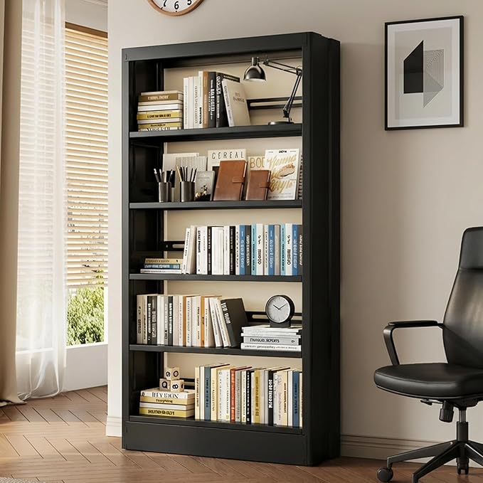 71 Tall Metal Bookshelf, Black Bookcase Industrial, 5-Tier Bookshelf Storage with Adjustable Shelf, Modern Book Shelves Heavy Duty with Bookend for Home, Office, Library, Includes Book Stoppers