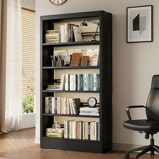 71 Tall Metal Bookshelf, Black Bookcase Industrial, 5-Tier Bookshelf Storage with Adjustable Shelf, Modern Book Shelves Heavy Duty with Bookend for Home, Office, Library, Includes Book Stoppers