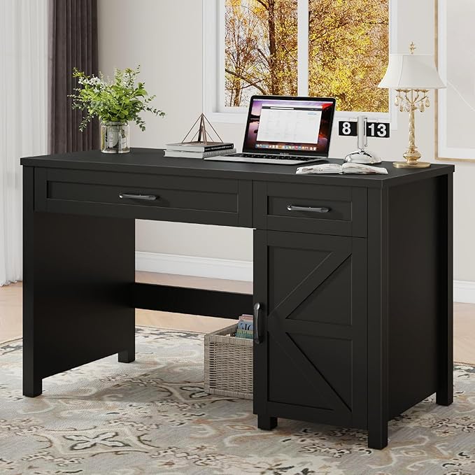 Vabches Farmhouse 47" Executive Desk, Computer Desk with Drawers and Storage Cabinet, Workstation Computer Desk for Home Office, Study.(Pure Black)