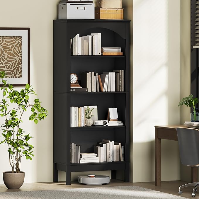 56" H Tall Bookshelf and Bookcase, Arched Book Shelf with 4-Tier Open Shelves, Wooden Storage Bookcase Freestanding Display Bookshelves for Bedroom, Living Room, Black