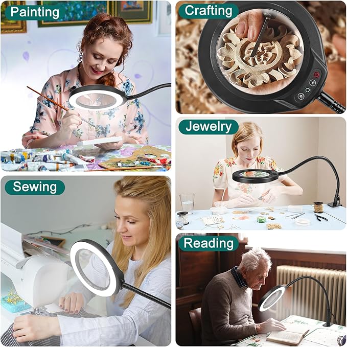 10X Magnifying Glass with Light and Clamp, 5 Inch Real Glass Magnifying Desk Lamp with Stand, Long Gooseneck, 5 Color Modes Lighted Magnifier Hands Free for Crafts Painting Jewelry Close Work