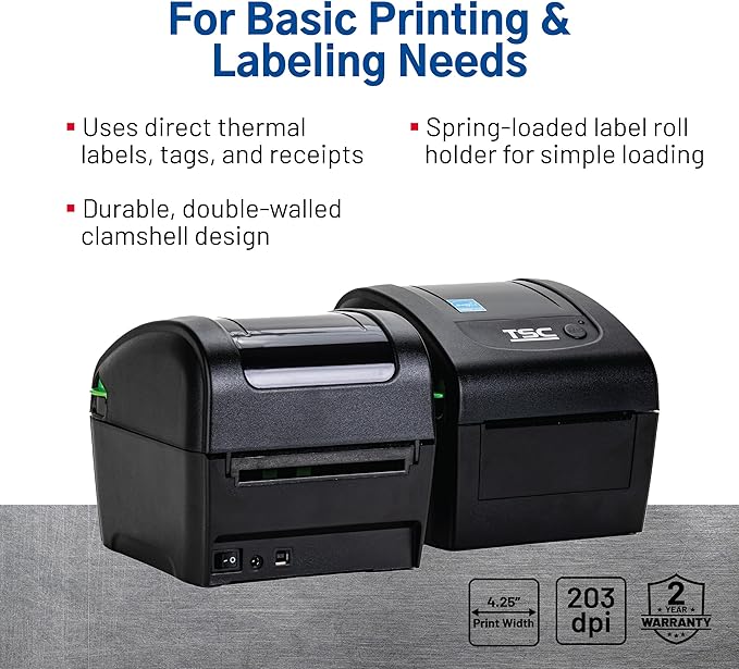 TSC DA210 Desktop Direct Thermal Label Printer for Postage, Shipping Tags, Receipts, Barcodes, Retail, Small Business, School, Home Office, and Stickers USB Connection, 4 Inch Width