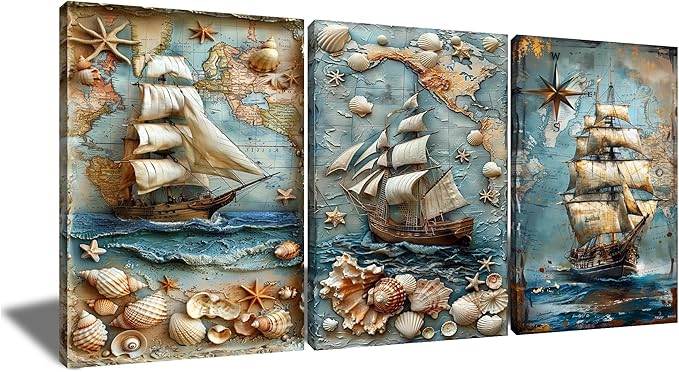 Abstract Sailboat Wall Art Seashell Starfish Map Poster Print on Wooden Canvas Blue Ocean Theme Picture Painting Wall Decor Artwork for Living Room Hotel Workplace Ready to Hang [60''Wx28''H]