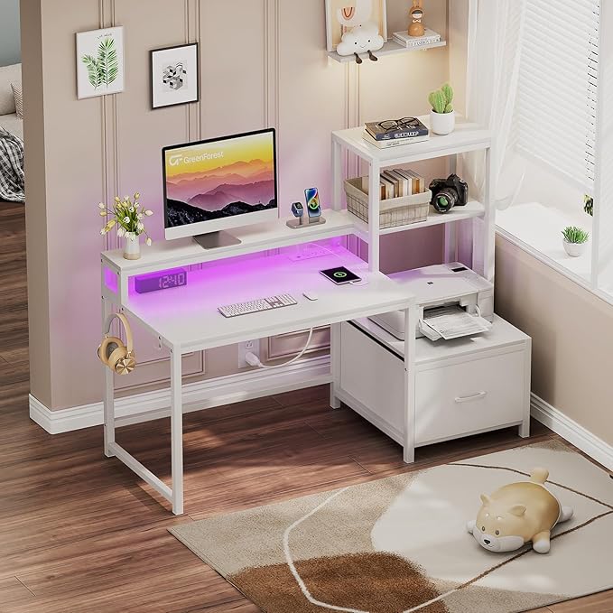 GreenForest Computer Desk with Drawers and Monitor Stand, Home Office Desk with Storage Shelves, Small Gaming Desk with Power Outlets and LED Lights for Study Writing Working, 51 inch White
