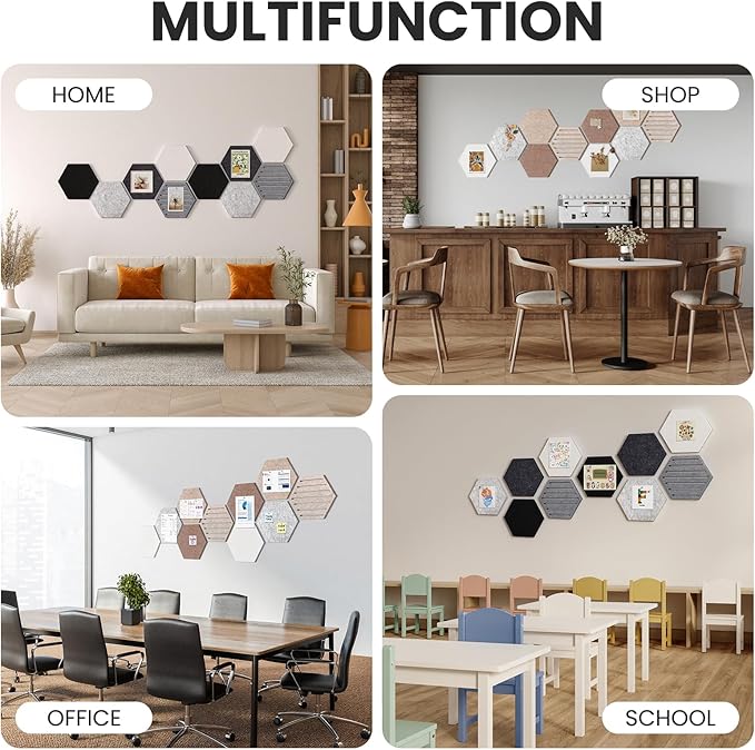 Hexagon Cork Bulletin Board Tiles, 10 Pack Felt Board with 25 Push Pins, Photo Display Board for Office & Home Classroom Wall Decor, 11.8x10.2 Inches